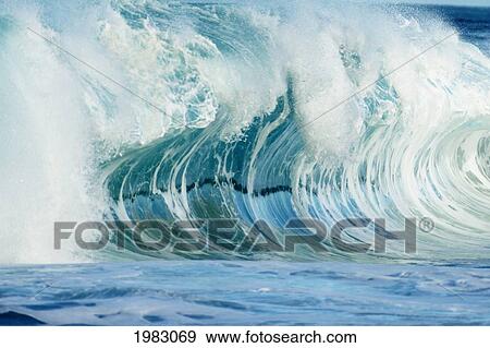 Stock Photo - Hawaii, Oahu, North Shore, Beautiful Textures Surface Of A Shorebreak Wave About To Crash.. Fotosearch