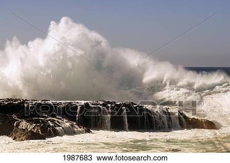 Stock Image - Hawaii, Oahu, North Shore, Big Surf At Sharks Cove. Fotosearch