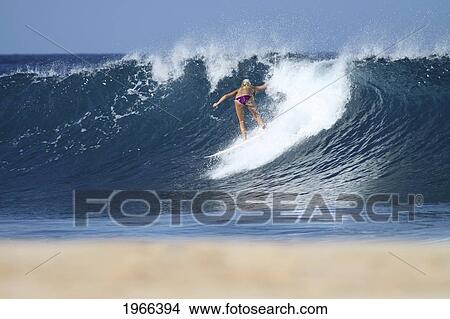 Picture - Hawaii, Oahu, North Shore, Blonde Surfer Girl Catching A Wave Near Shore.. Fotosearch