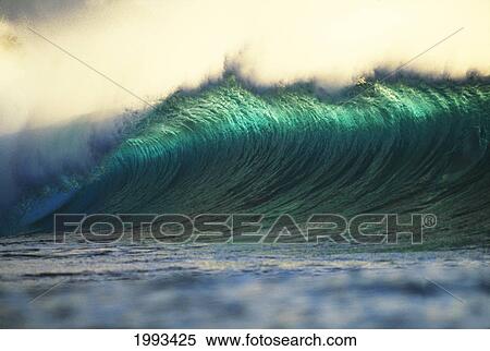 Hawaii, Oahu, North Shore, Curling Wave At World Famous Pipeline At Dusk. View Large Photo Image Stock Photography - Hawaii, Oahu, North Shore, Curling Wave At World Famous Pipeline At Dusk.. Fotosearch