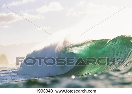 Stock Image - Hawaii, Oahu, North Shore, Green Wave At Pipeline.. Fotosearch