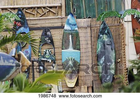 Stock Photo - Hawaii, Oahu, North Shore, Haleiwa, Elaborately Painted Surfboards By Ron Artis.. Fotosearch