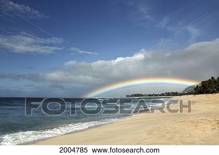 Hawaii, Oahu, North Shore, /Nfull And Vibrant Rainbow Extending From Land To Ocean. View Large Photo Image Stock Photography - Hawaii, Oahu, North Shore, /Nfull And Vibrant Rainbow Extending From Land To Ocean.. Fotosearch