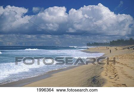 Picture - Hawaii, Oahu, North Shore, Pipeline, Whitewater Shore Break Onto Sand, People In Distance. Fotosearch