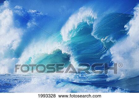 Stock Photo - Hawaii, Oahu, North Shore; Several Green Waves Crashing In Layers White Wash. Fotosearch