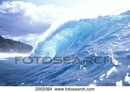 Picture - Hawaii, Oahu, North Shore, Side View Of Clear Blue Wave In The Curl, Look To White Sky. Fotosearch