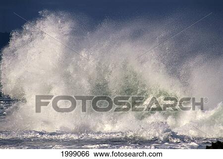 Stock Photograph - Hawaii, Oahu, North Shore, Storm Surf Pounding, White Wash And Spray, B1490. Fotosearch