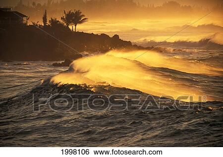 Stock Photograph - Hawaii, Oahu, North Shore, Sunset View Of Coastline.. Fotosearch