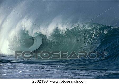 Stock Photograph - Hawaii, Oahu, North Shore, Waimea Bay Big Stormy Wave Curling And Crashing. Fotosearch