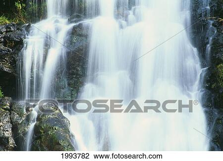 Stock Image - Hawaii, Oahu, North Shore, Waimea Falls Park, Waterfall Close-Up.. Fotosearch