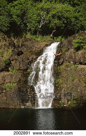 Hawaii, Oahu, North Shore, Waimea Falls Park, Distant View Of Man Diving Into Waterfall Cliff Diver View Large Photo Image Stock Image - Hawaii, Oahu, North Shore, Waimea Falls Park, Distant View Of Man Diving Into Waterfall Cliff Diver. Fotosearch