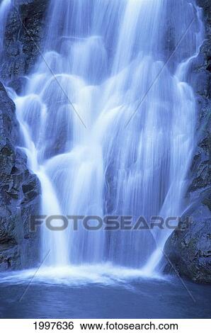 Stock Photograph - Hawaii, Oahu, North Shore, Waimea Falls Park, Waterfall Close-Up, Rushing Action A20D. Fotosearch