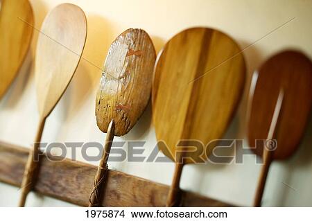 Picture - Hawaii, Oahu, Old Hawaiian Canoe Paddles. Fotosearch