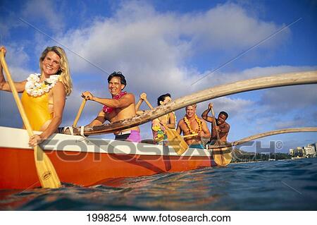 Picture - Hawaii, Oahu, Outrigger Canoe Group Of Smiling People Close-Up Angle Diamond Head Background. Fotosearch