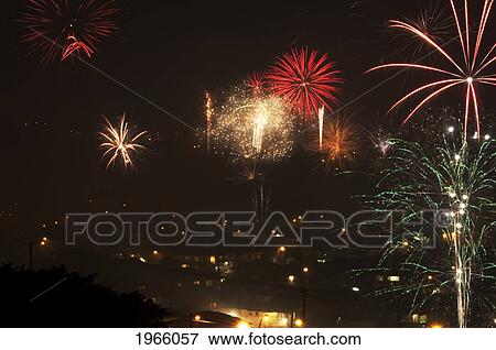 Hawaii, Oahu, Pacific Heights, New Year's Display Of Fireworks. View Large Photo Image Stock Photo - Hawaii, Oahu, Pacific Heights, New Year's Display Of Fireworks.. Fotosearch