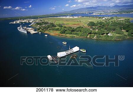 Hawaii, Oahu, Pearl Harbor, Aerial U. S. S. Arizona Memorial From Distance Full Ship Visible Beneath Ocean Surface D1531 View Large Photo Image Stock Photo - Hawaii, Oahu, Pearl Harbor, Aerial U. S. S. Arizona Memorial From Distance Full Ship Visible Beneath Ocean Surface D1531. Fotosearch