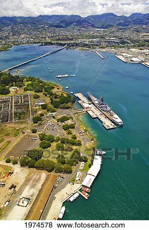 Stock Photo - Hawaii, Oahu, Pearl Harbor, Aerial View Of The Uss Arizona Memorial And Uss Missouri, Wwii Battelships.. Fotosearch