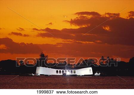 Hawaii, Oahu, Pearl Harbor And U. S. S. Arizona Memorial At Sunset, Lit Rare View 50Th Anniversary, Orange Sunset Skies View Large Photo Image Stock Photo - Hawaii, Oahu, Pearl Harbor And U. S. S. Arizona Memorial At Sunset, Lit Rare View 50Th Anniversary, Orange Sunset Skies. Fotosearch