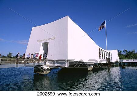 Stock Photo - Hawaii, Oahu, Pearl Harbor, Arizona Memorial Exterior View With Visitors, Blue Sky. Fotosearch