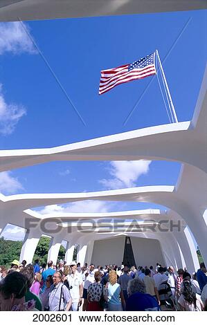 Stock Image - Hawaii, Oahu, Pearl Harbor, View From Inside U. S. S. Arizona Memorial Visitors, Look To Blue Sky American Flag. Fotosearch
