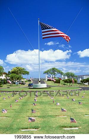 Stock Photography - Hawaii, Oahu, Punchbowl Cemetary Of The Pacific, Large American Flag Blowing In Wind, Graves With Individual Flags. Fotosearch