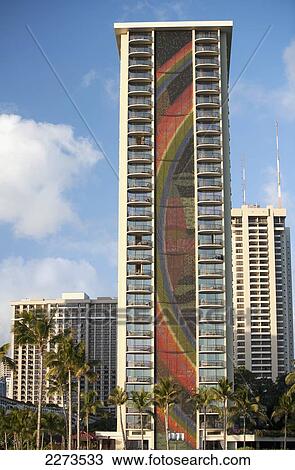 Stock Image - Hawaii, Oahu, Rainbow Pattern On The Side Of The Hilton Hotel In Waikiki. Editorial Use Only.. Fotosearch
