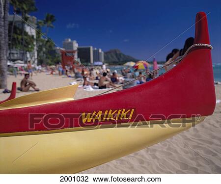 Hawaii, Oahu, Red And Yellow Bow Canoe With Waikiki On Sand, Blur Crowds Background Diamond Head D1578 View Large Photo Image Stock Image - Hawaii, Oahu, Red And Yellow Bow Canoe With Waikiki On Sand, Blur Crowds Background Diamond Head D1578. Fotosearch