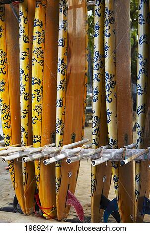 Stock Photo - Hawaii, Oahu, Row Of Surfboards Lined Up On The Beach.. Fotosearch