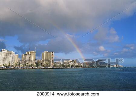 Picture - Hawaii, Oahu, Scenic View Of Diamond Head And Waikiki Hotels With Rainbow. Fotosearch