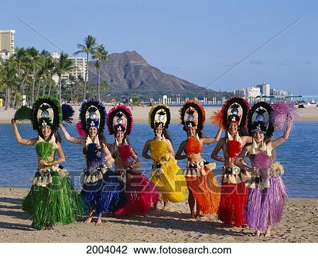 Hawaii, Oahu, Seven Smiling Tahitian Dancers In Colorful Outfits, Diamond Head And Waikiki Background View Large Photo Image Stock Image - Hawaii, Oahu, Seven Smiling Tahitian Dancers In Colorful Outfits, Diamond Head And Waikiki Background. Fotosearch