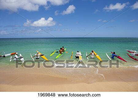 Hawaii, Oahu, Sunset Beach, One Man Outrigger Canoes. View Large Photo Image Stock Photo - Hawaii, Oahu, Sunset Beach, One Man Outrigger Canoes.. Fotosearch