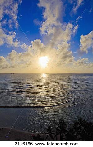 Hawaii, Oahu, Sunset over Waikiki Beach and ocean. View Large Photo Image Stock Photograph - Hawaii, Oahu, Sunset over Waikiki Beach and ocean.. Fotosearch