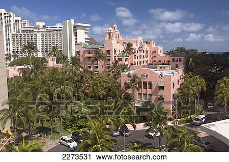 Stock Image - Hawaii, Oahu, The Historic Royal Hawaiian Hotel In Waikiki. Editorial Use Only.. Fotosearch