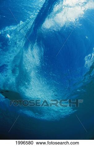 Stock Image - Hawaii, Oahu, View From Underwater Of Surfer, Surfboard, Churning Wave And Motion. Fotosearch