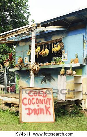 Hawaii, Oahu, Waiahole, Old Shack With Local Fruits And Coconut Drinks For Sale. View Large Photo Image Stock Image - Hawaii, Oahu, Waiahole, Old Shack With Local Fruits And Coconut Drinks For Sale.. Fotosearch
