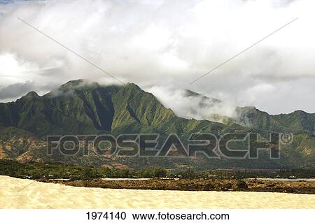Stock Image - Hawaii, Oahu, Waianae, West Oahu, The Kaala Mountain Range.. Fotosearch