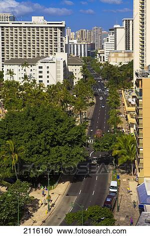 Hawaii, Oahu, Waikiki, An aerial view of Kalakaua Avenue View Large Photo Image Stock Image - Hawaii, Oahu, Waikiki, An aerial view of Kalakaua Avenue. Fotosearch