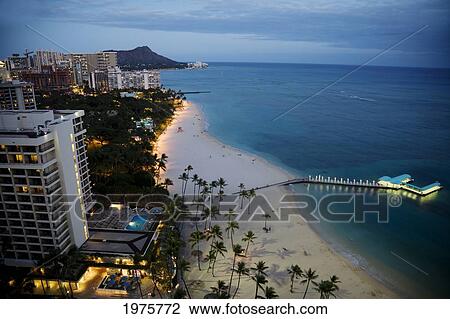 Hawaii, Oahu, Waikiki Beach And Diamond Head In The Evening. View Large Photo Image Stock Image - Hawaii, Oahu, Waikiki Beach And Diamond Head In The Evening.. Fotosearch