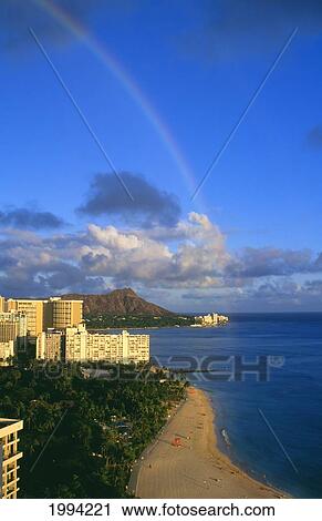 Hawaii, Oahu, Waikiki Beach And Diamond Head With Rainbow. View Large Photo Image Stock Image - Hawaii, Oahu, Waikiki Beach And Diamond Head With Rainbow.. Fotosearch
