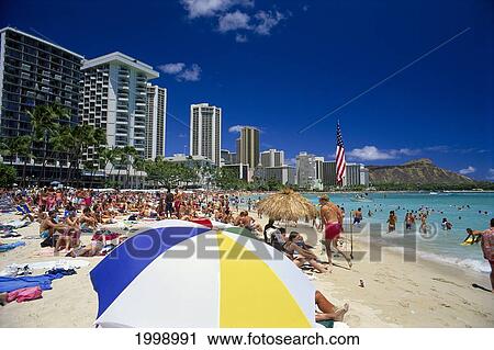 Stock Image - Hawaii, Oahu, Waikiki Beach Diamond Head, Hotels. Fotosearch