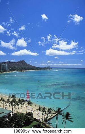 Stock Photo - Hawaii, Oahu, Waikiki Beach, Diamond Head, Dramatic View From Hotel Wide Angle. Fotosearch