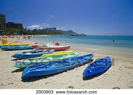 Hawaii, Oahu, Waikiki Beach With Many Kayaks Lined Up For Rent Tourist Ocean Fun Diamond Head Background View Large Photo Image Stock Image - Hawaii, Oahu, Waikiki Beach With Many Kayaks Lined Up For Rent Tourist Ocean Fun Diamond Head Background. Fotosearch