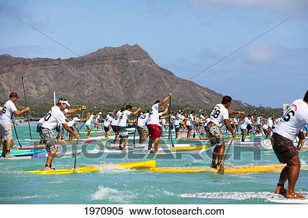 Stock Photography - Hawaii, Oahu, Waikiki, Competitors Of 'battle Of The Paddle' Start Off In Front Of Diamond Head. (Editorial Use Only). Fotosearch