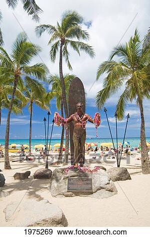 Stock Photo - Hawaii, Oahu, Waikiki, Duke Kahanamoku Statue In Front Of Kuhio Beach Park.. Fotosearch