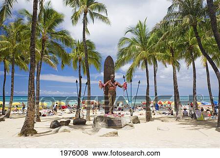 Stock Photo - Hawaii, Oahu, Waikiki, Duke Kahanamoku Statue In Front Of Kuhio Beach Park.. Fotosearch