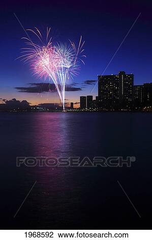 Stock Image - Hawaii, Oahu, Waikiki, Firework Show Over Waikiki. Fotosearch