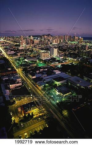 Stock Photo - Hawaii, Oahu, Waikiki, Honolulu City Lights, From Makiki. Fotosearch