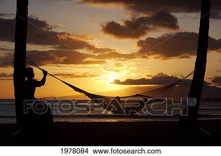 Picture - Hawaii, Oahu, Waikiki, Kapiolani Park, Silhouette Of Woman In Hammock And Man Standing Next To Her.. Fotosearch