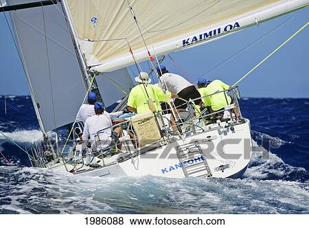 Hawaii, Oahu, Waikiki Offshore Series 2005, Sailboat On Blue Ocean. View Large Photo Image Stock Photo - Hawaii, Oahu, Waikiki Offshore Series 2005, Sailboat On Blue Ocean.. Fotosearch