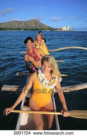 Hawaii, Oahu, Waikiki, Outrigger Canoe Off Of Diamond Head, Couples With Leis, Smiling View Large Photo Image Picture - Hawaii, Oahu, Waikiki, Outrigger Canoe Off Of Diamond Head, Couples With Leis, Smiling. Fotosearch